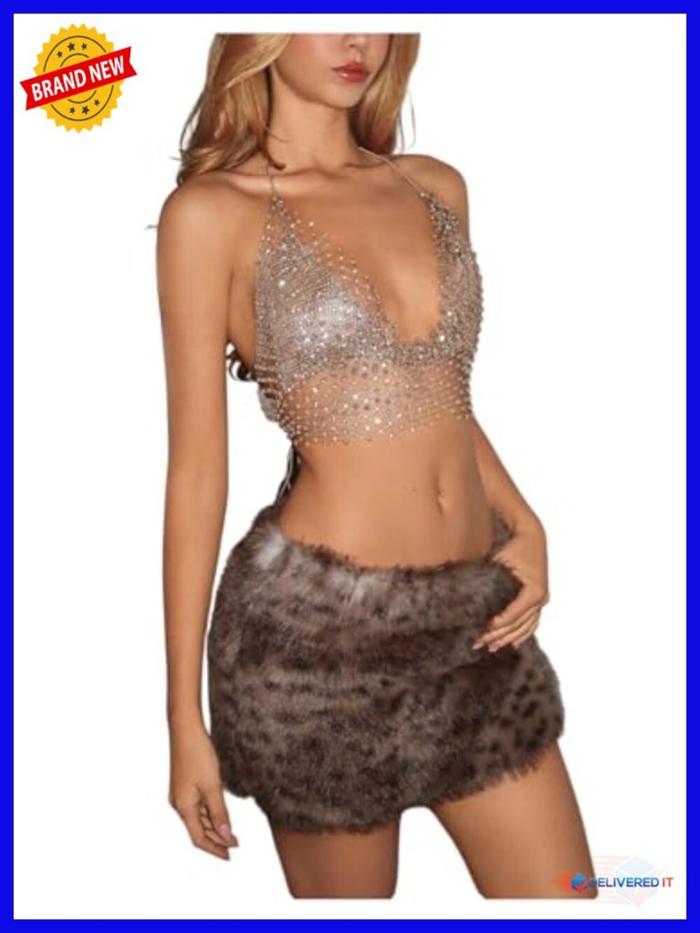 Rhinestone Fishnet Crop Halter Top Backless Cowl Neck Club Party